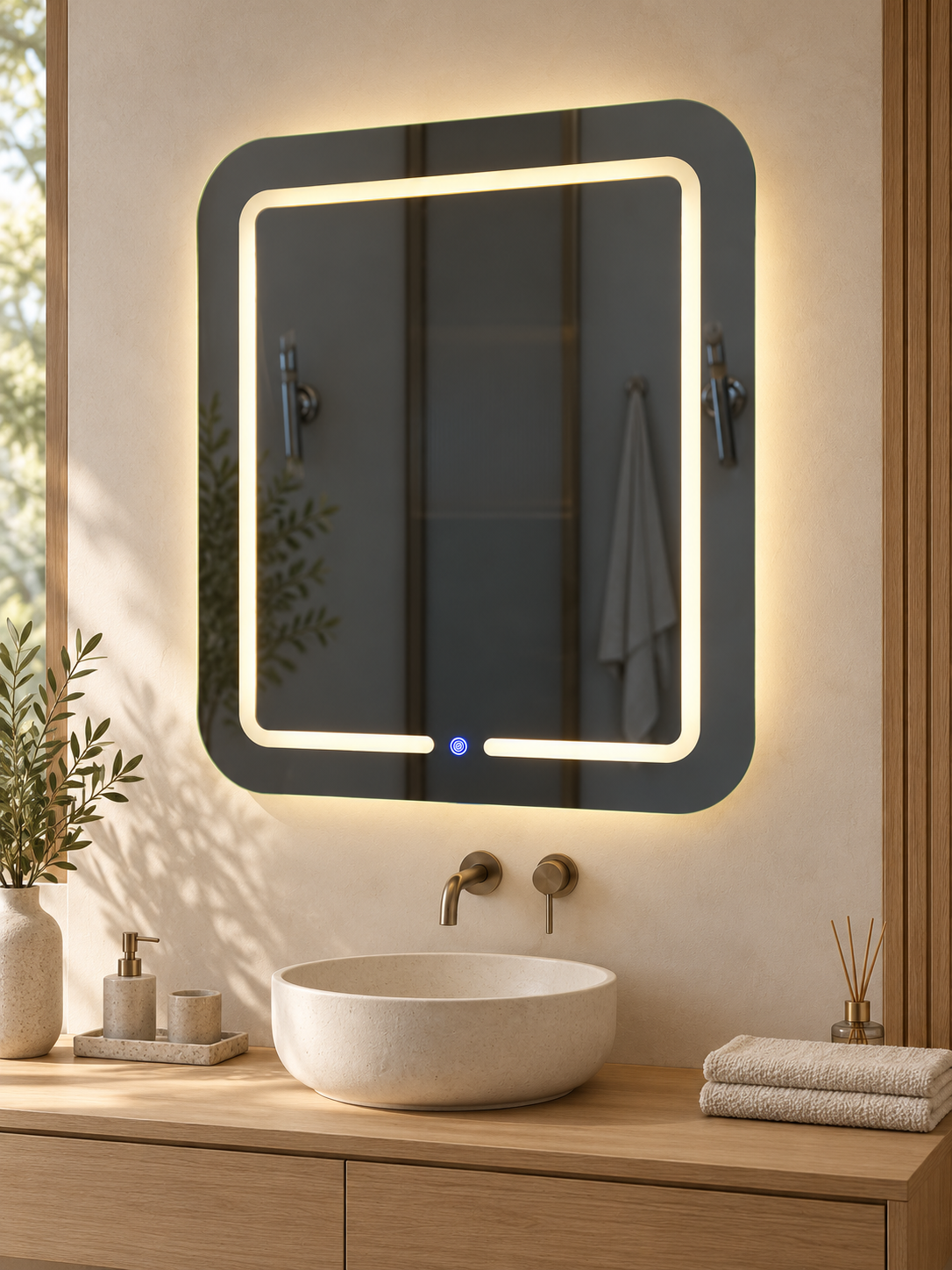 Lavabo üzerinde köşeleri yuvarlatılmış dikdörtgen LED ayna