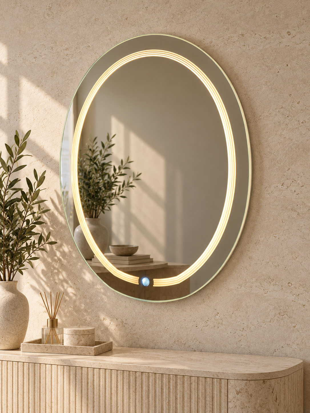 Oval formlu, iç hattı aydınlatmalı LED ayna